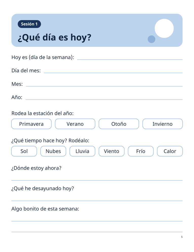 Página «¿Qué día es hoy?» con campos para el día, el mes, la estación y el tiempo