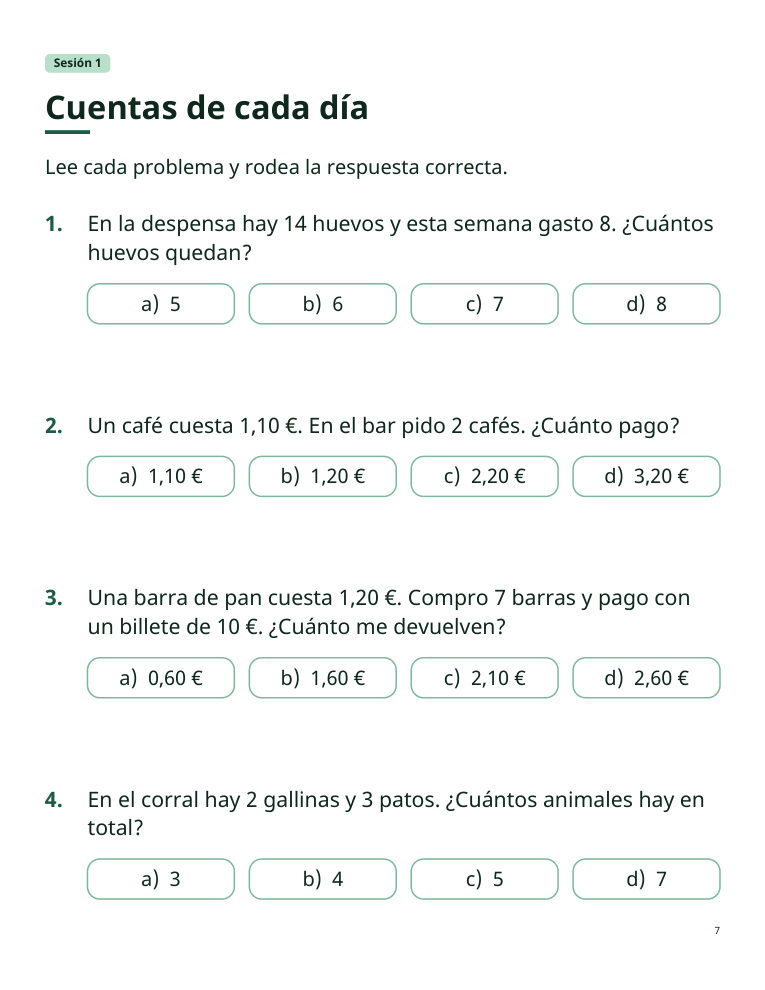 Página de cuentas de cada día con cuatro problemas y respuestas para rodear
