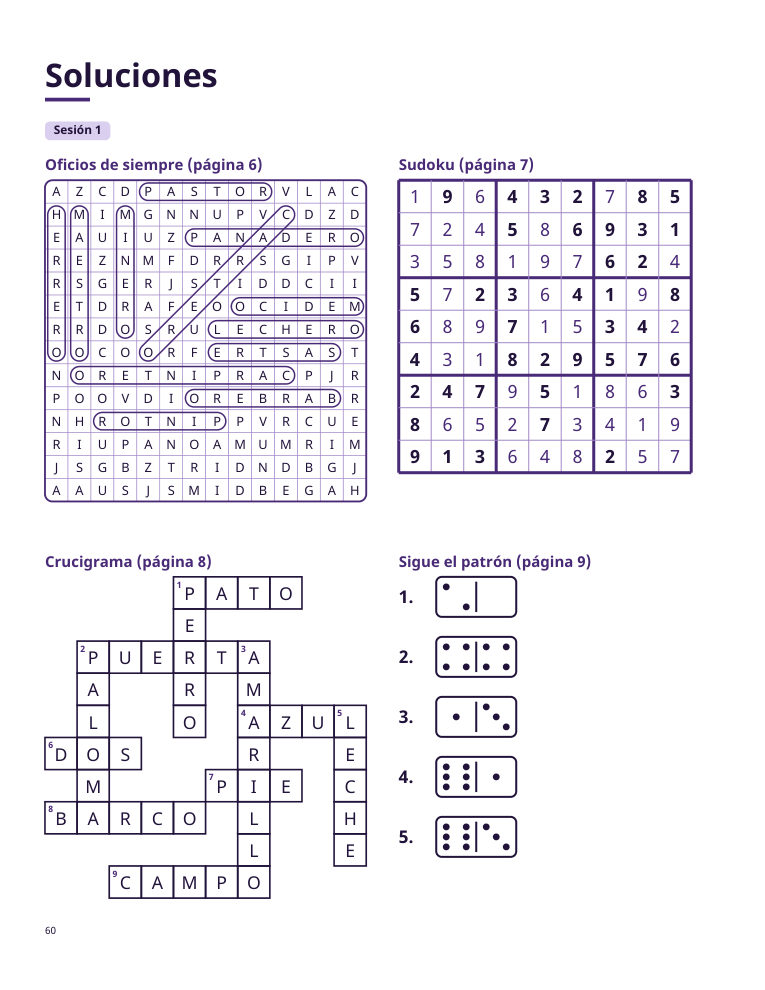 Página de soluciones del nivel 4 con la sopa, el sudoku, el crucigrama y el dominó resueltos