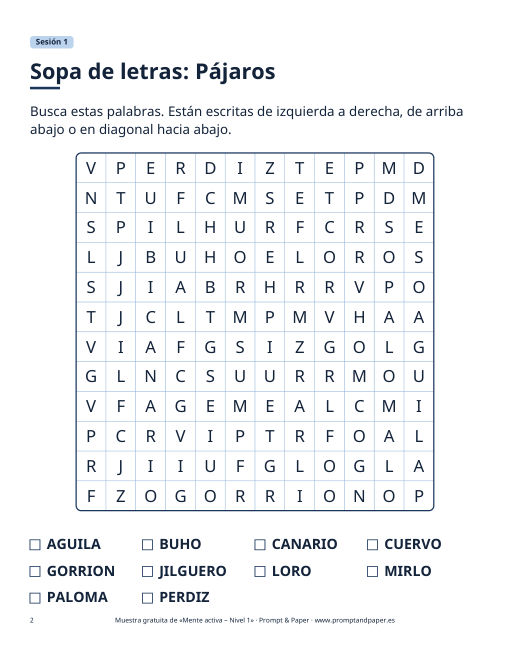 Sopa de letras de la sesión de muestra del nivel 1