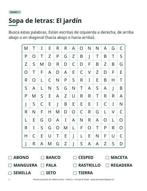 Sopa de letras de la sesión de muestra del nivel 2