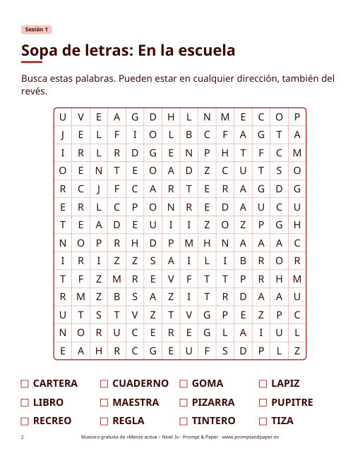 Sopa de letras de la sesión de muestra del nivel 3