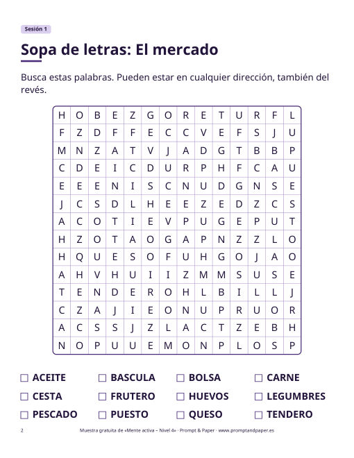Sopa de letras de la sesión de muestra del nivel 4