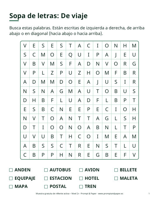 Sopa de letras «De viaje» en letra grande