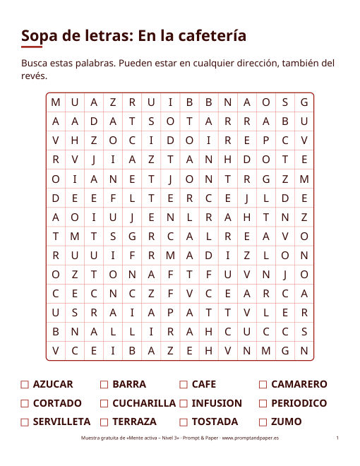 Sopa de letras «En la cafetería» en letra grande