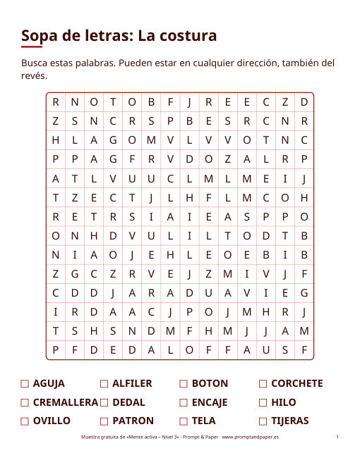 Sopa de letras «La costura» en letra grande