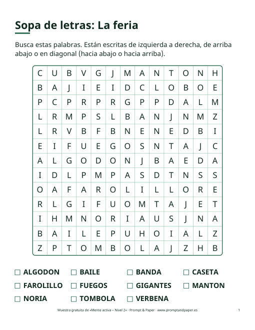 Sopa de letras «La feria» en letra grande