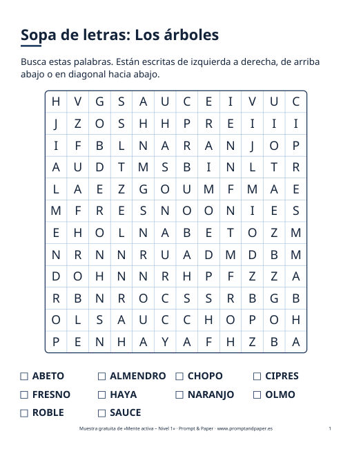 Sopa de letras «Los árboles» en letra grande