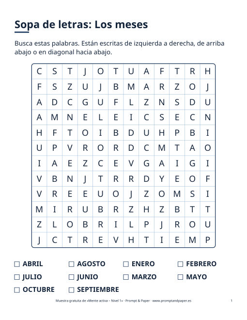 Sopa de letras «Los meses» en letra grande